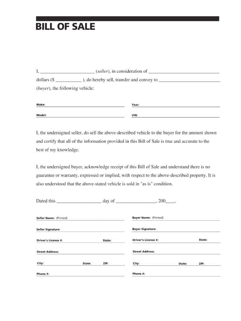 Bill of Sale Template  Form